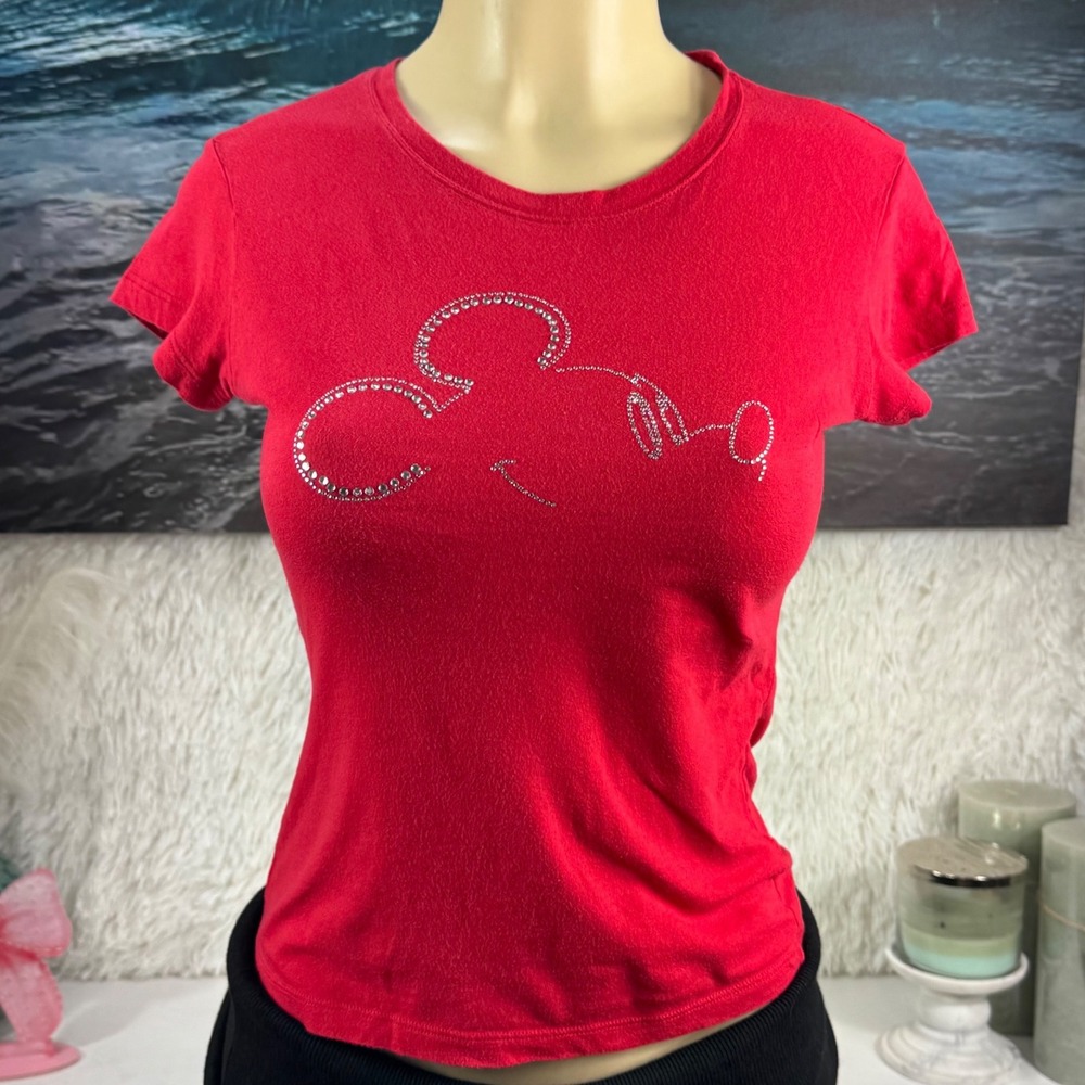 Walt Disney Mickey Mouse Rhinestone Red Baby Tee Size M Y2K